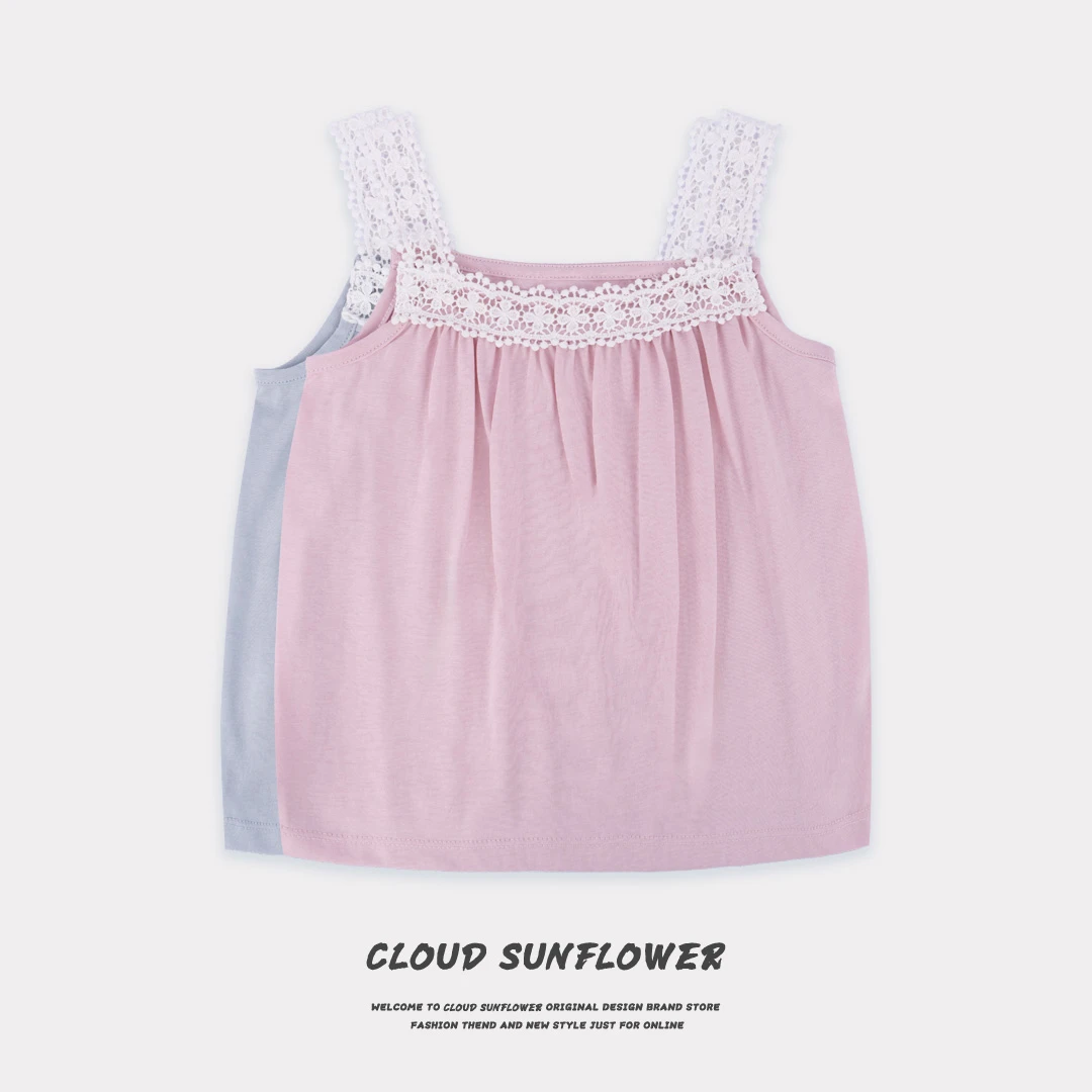 女童夏季白色蕾丝针织水浴吊带背心28153