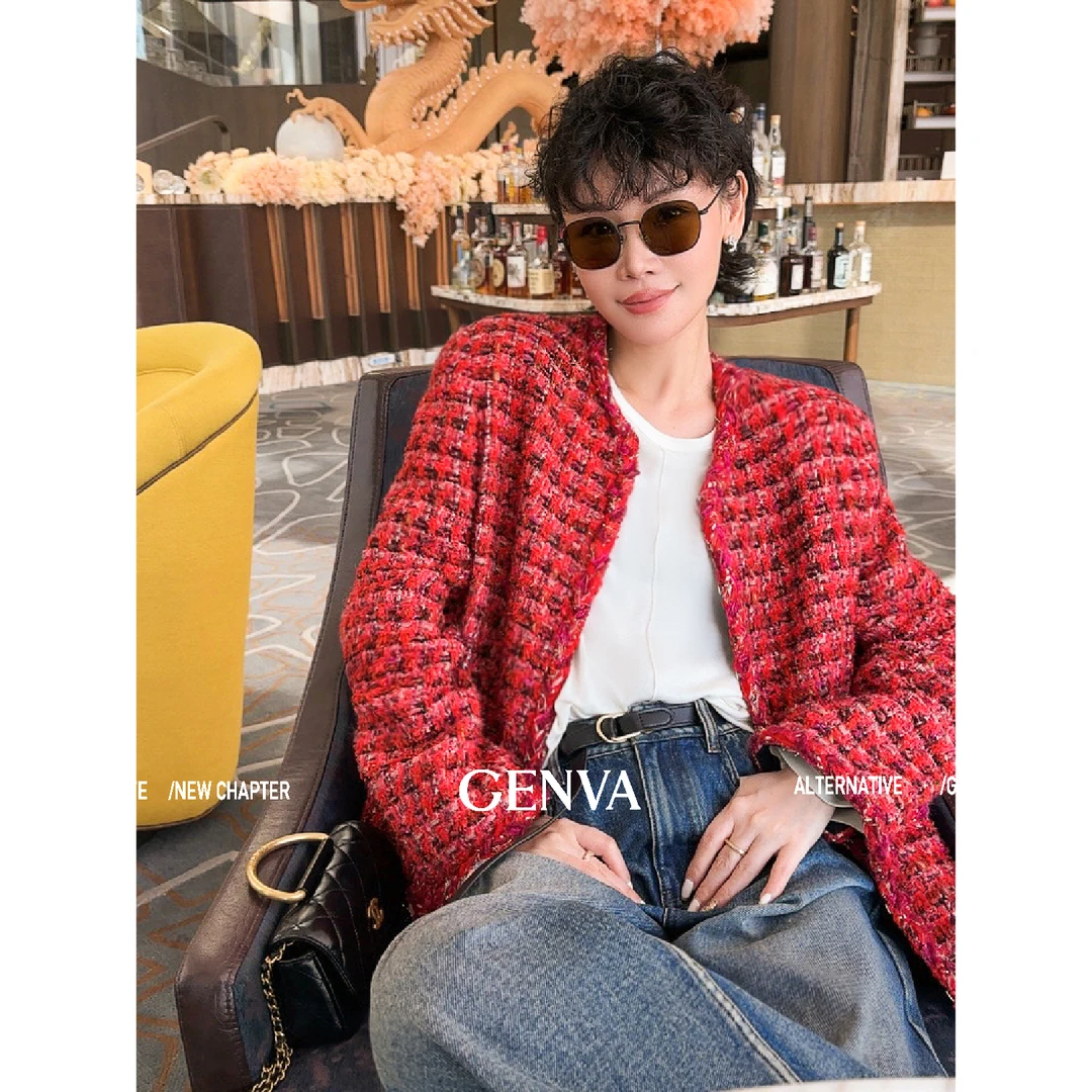 玖着-"玛格丽特"法国重磅JT浓郁氛围手工编织新年红经典小香外套