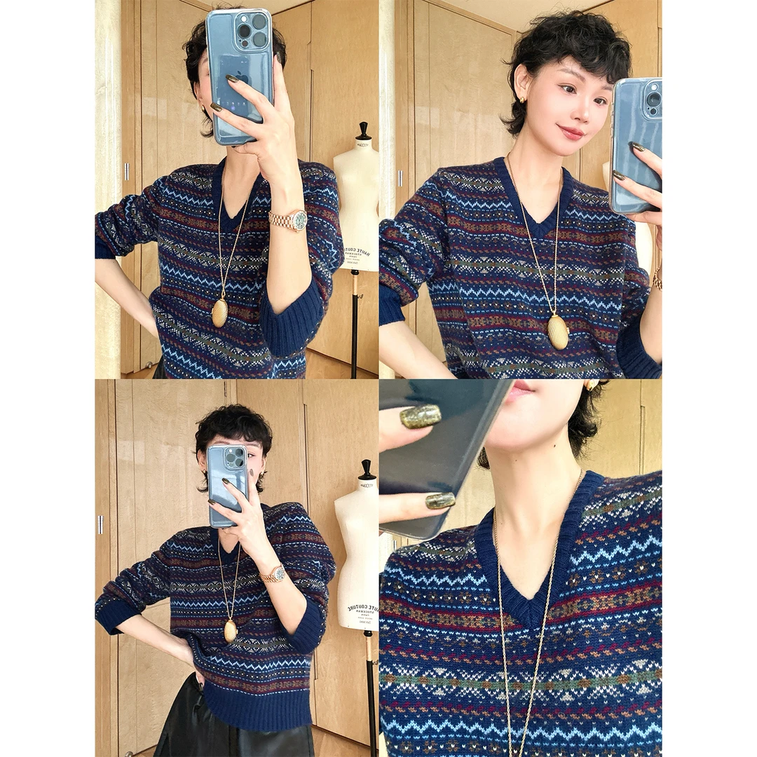 玖着-"费尔岛"北欧暖融百分百羊毛/缤纷图案复古时髦V领针织上衣