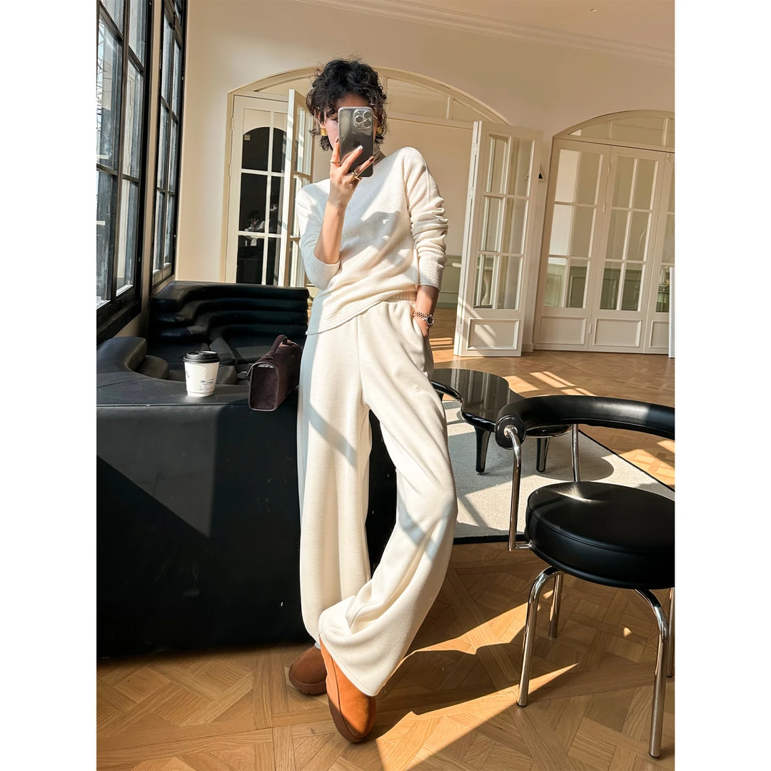 玖着-"双倍温暖"醋酸绵羊毛针织弯刀弧形宽松垂感显瘦休闲运动裤