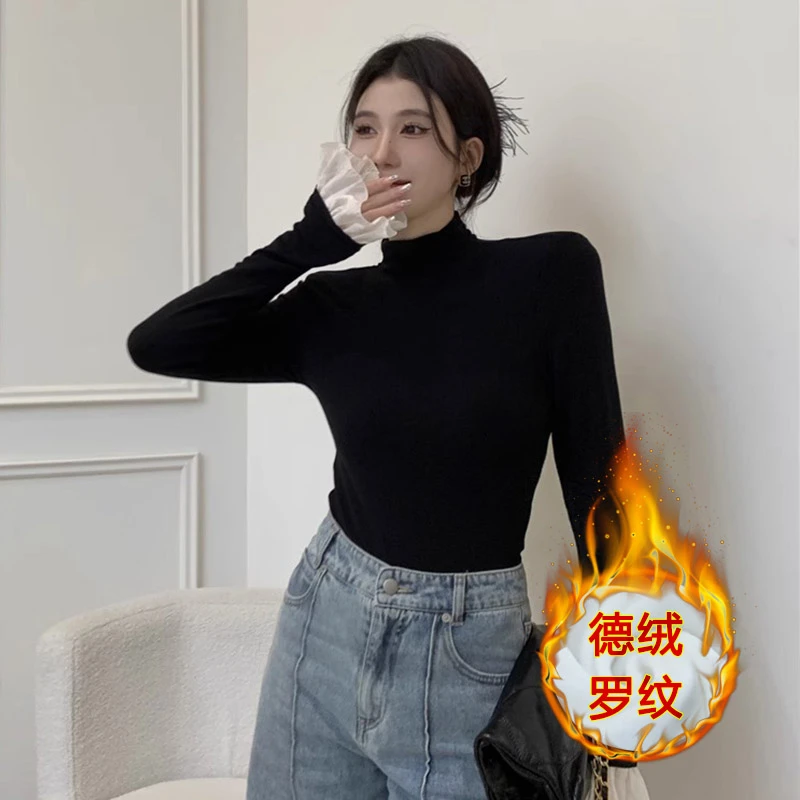 高领德绒打底衫女内搭秋冬小众喇叭袖长袖t恤修身显瘦高级感上衣