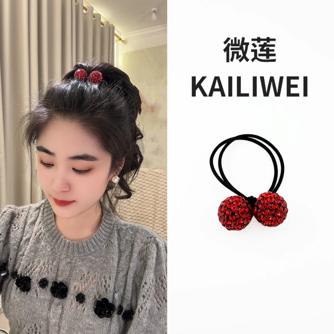 微莲韩国圣诞安可拉红奥钻璀璨双球满钻高弹力气质头绳超闪不伤发
