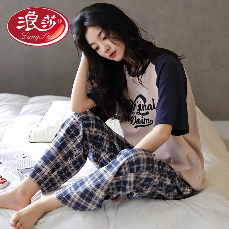 浪莎2023年春夏款纯棉短袖长裤圆领套头睡衣女夏款家居服薄款套装