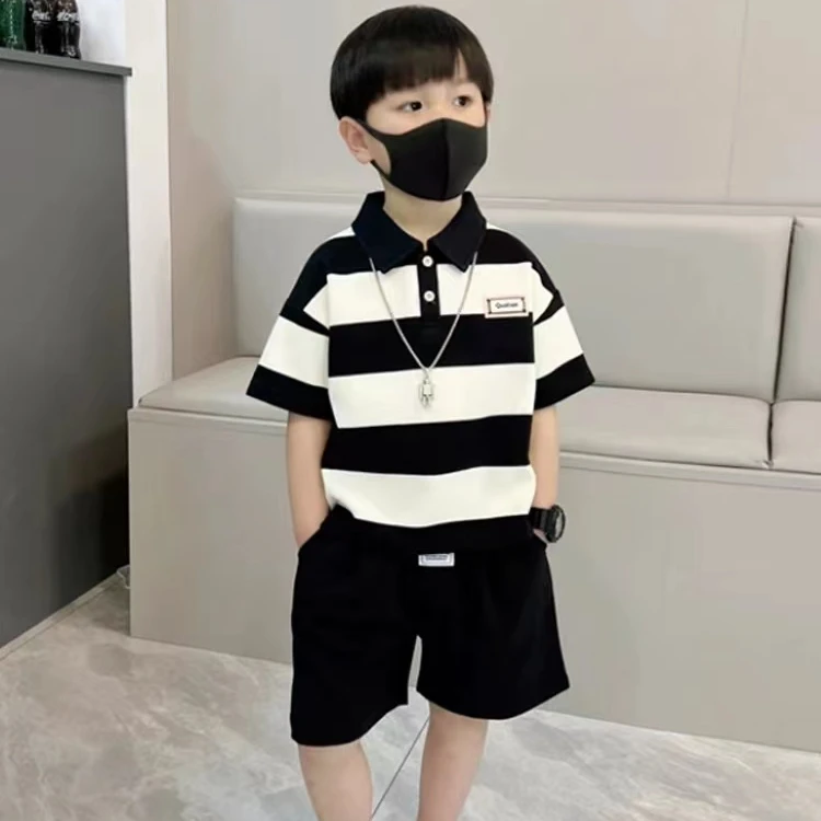 男童短袖套装2024新款夏季条纹polo衫酷帅洋气网红炸街儿童衣服潮