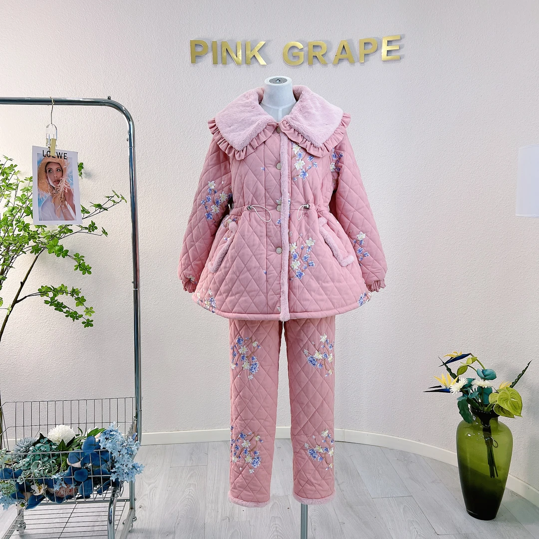 pinkgrape 睡衣女冬零下可外穿加厚保暖三层夹棉睡衣套装2478710