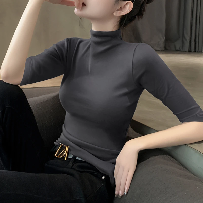 半高领中袖t恤女新款莫代尔打底衫内搭修身时尚五分袖洋气上衣潮
