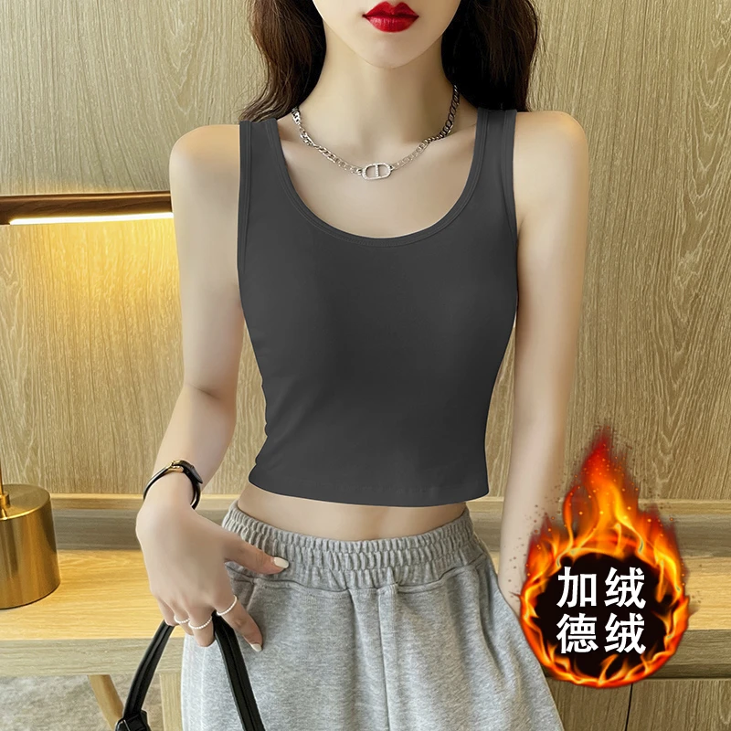 外穿德绒吊带背心女内搭短款2024秋冬美背加绒保暖无袖打底上衣潮