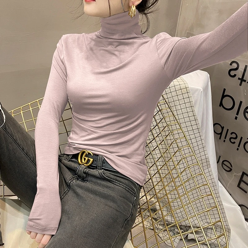 莫代尔高领打底衫女春秋冬洋气内搭2025新款堆领加绒加厚黑色上衣