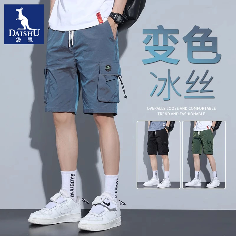 袋鼠冰丝工装短裤男士夏季薄款潮牌流变色速干运动五分休闲裤子男