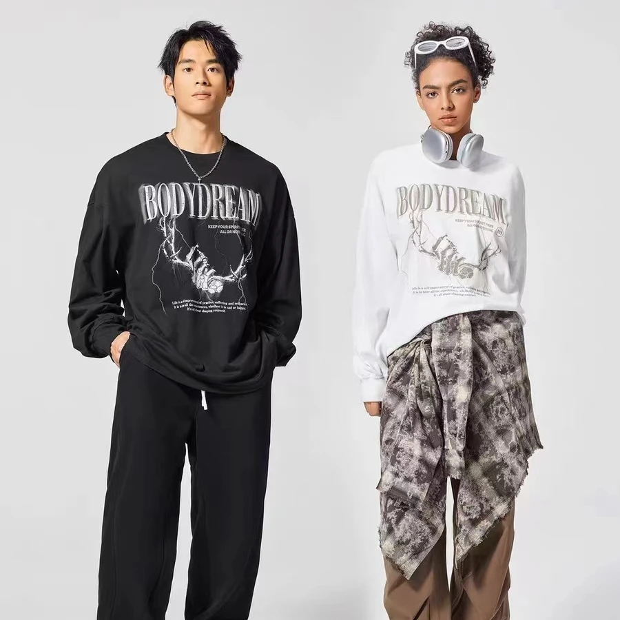 BODYDREAM BM春季健身T恤运动长袖男士宽松美式休闲印花上衣