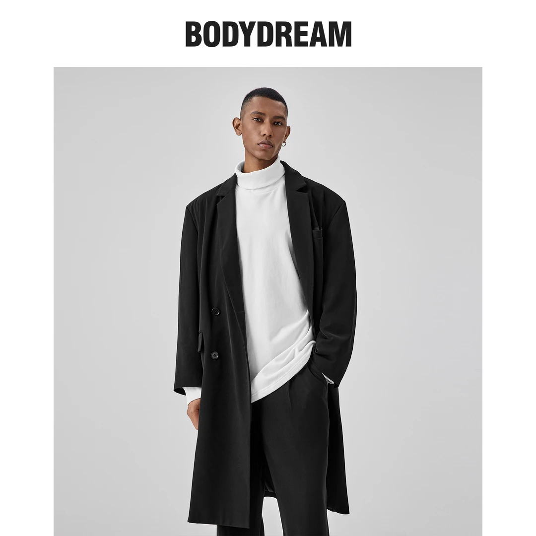 BODYDREAM美式休闲长款西装男士春秋垫肩西服潮牌复古双排扣外套