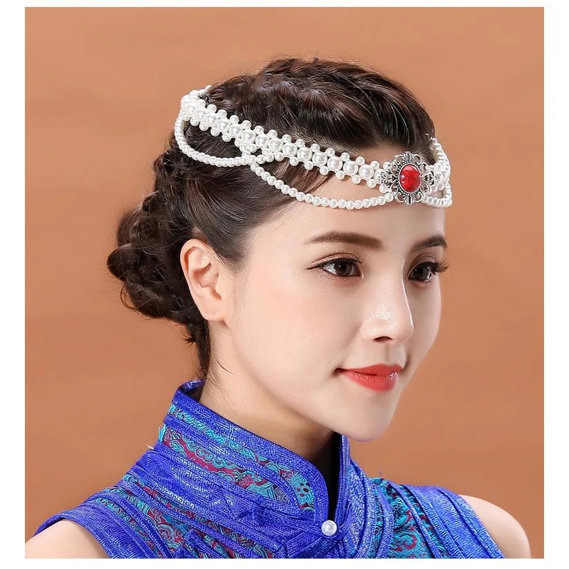 端兮蒙古族头饰女成人发饰蒙古袍配饰手工串珠少数民族风舞蹈白色
