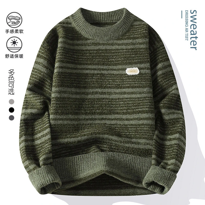 2024秋冬季男士潮流宽松条纹加厚套头休闲毛衣舒适针织衫Y1032