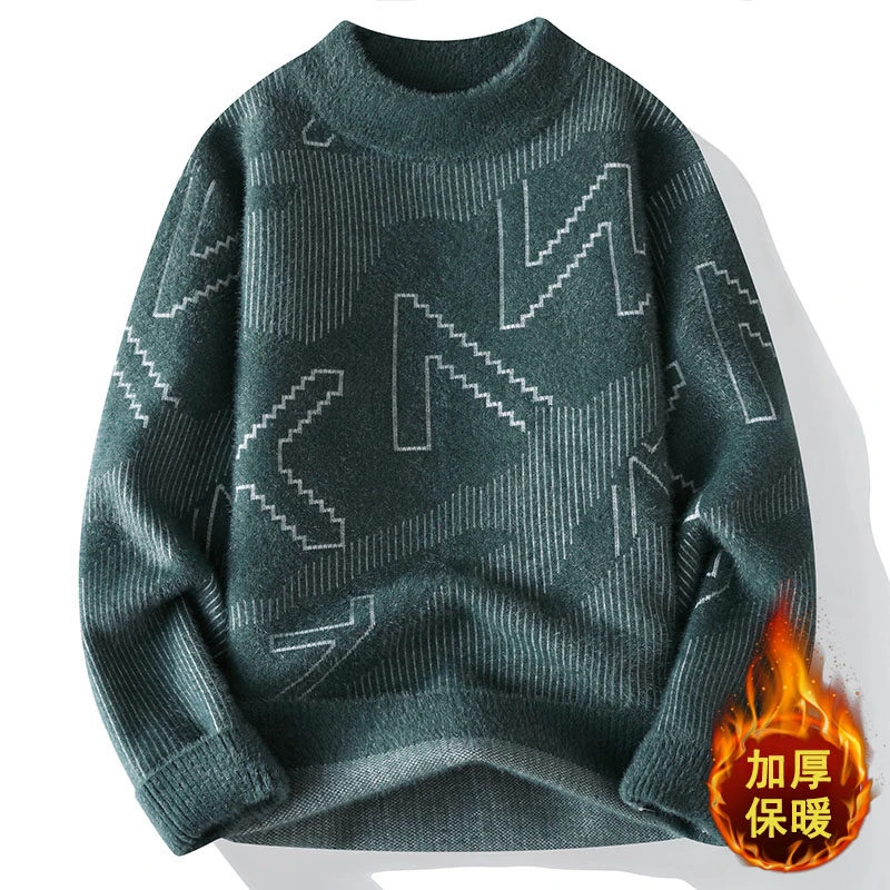 2024冬季潮流百搭男士宽松保暖毛衣加厚仿貂提花半高领针织衫539