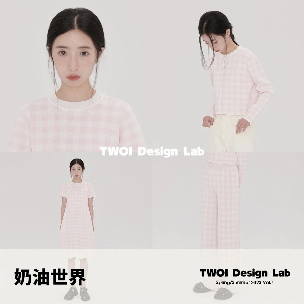 “毛织纱线奶油粉格”系列：好爱奶油粉！「少女粉格短袖」TWOI