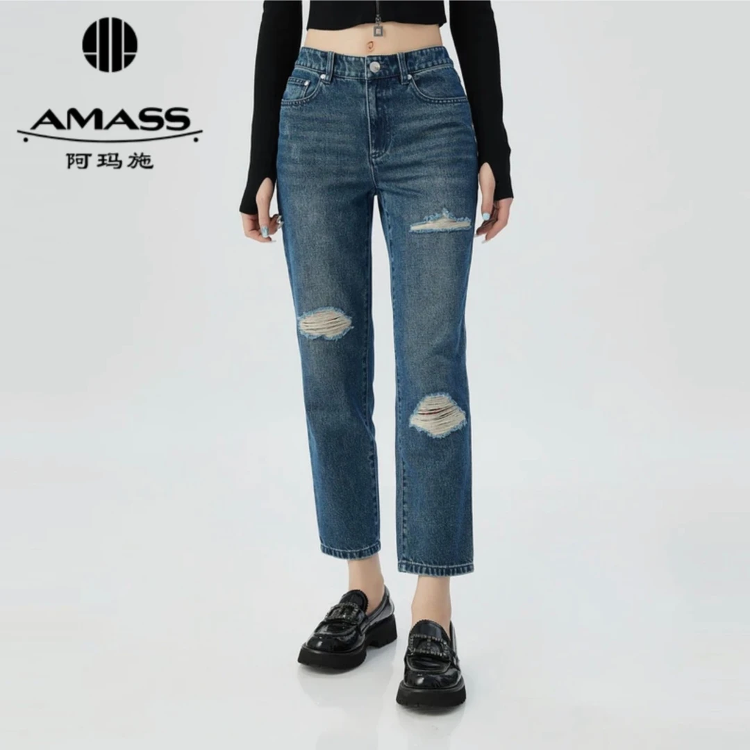 阿玛施/AMASS 时尚破洞九分哈伦百搭水洗牛仔裤5100533