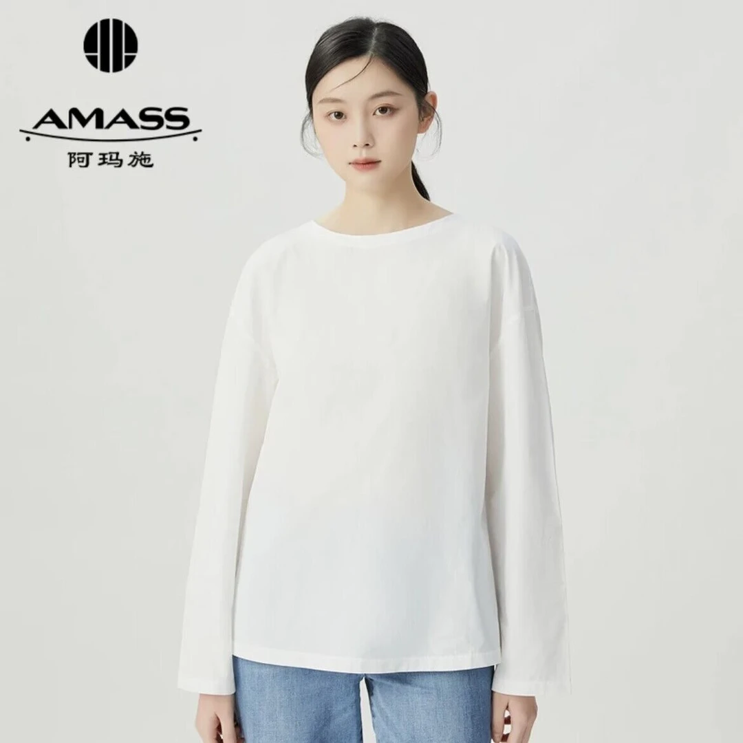 阿玛施/AMASS 百搭休闲圆领拉链宽松素面套头长袖纯色T恤5301090