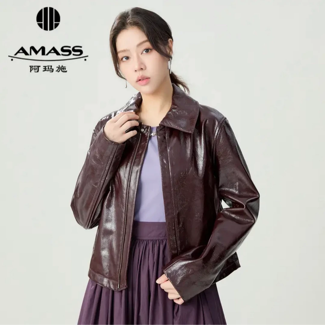 阿玛施AMASS新款复古高级港风翻领拉链机车夹克皮衣女5400925