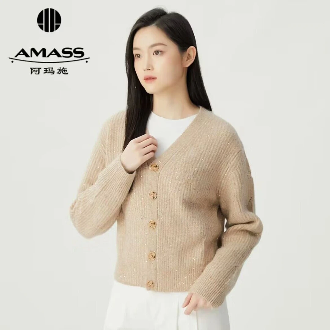 阿玛施/AMASS秋冬新款复古时尚百搭加厚V领气质长袖针织衫5499231