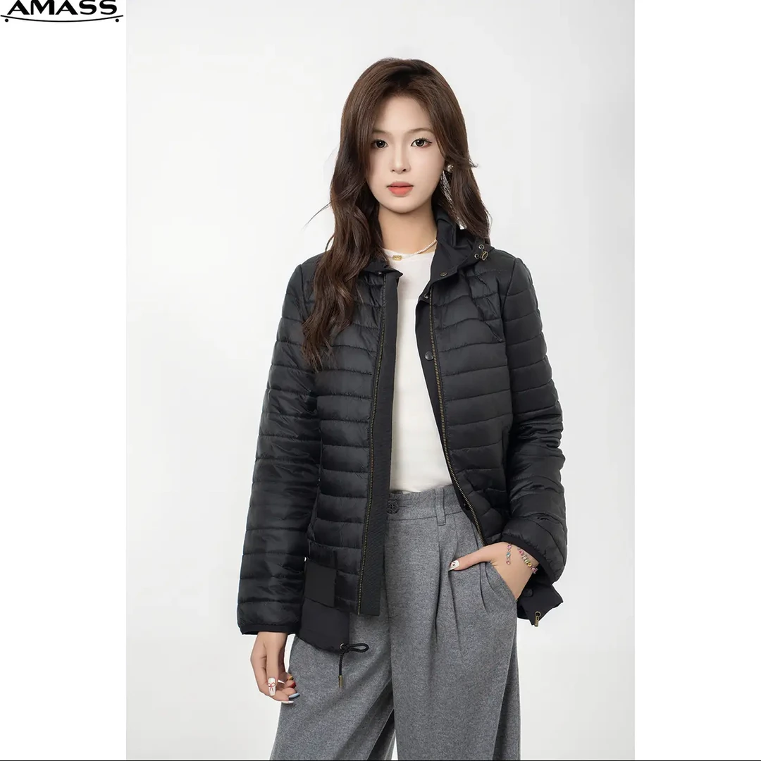 阿玛施AMASS新款休闲户外风拼接面料中长款连帽棉服外套女5400835