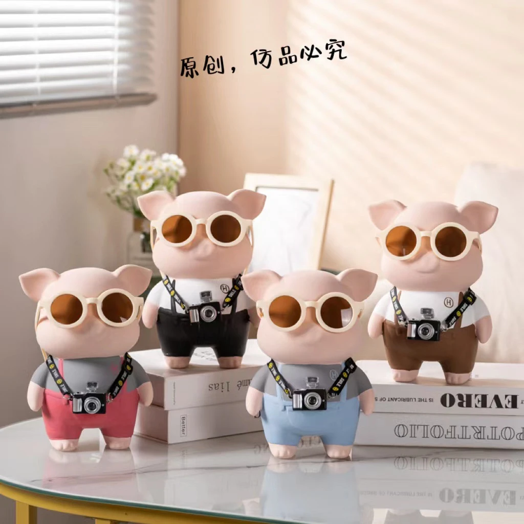 瓷猪家居摆件客厅存钱罐卡通公仔储蓄罐桌面装饰品相机陶瓷猪