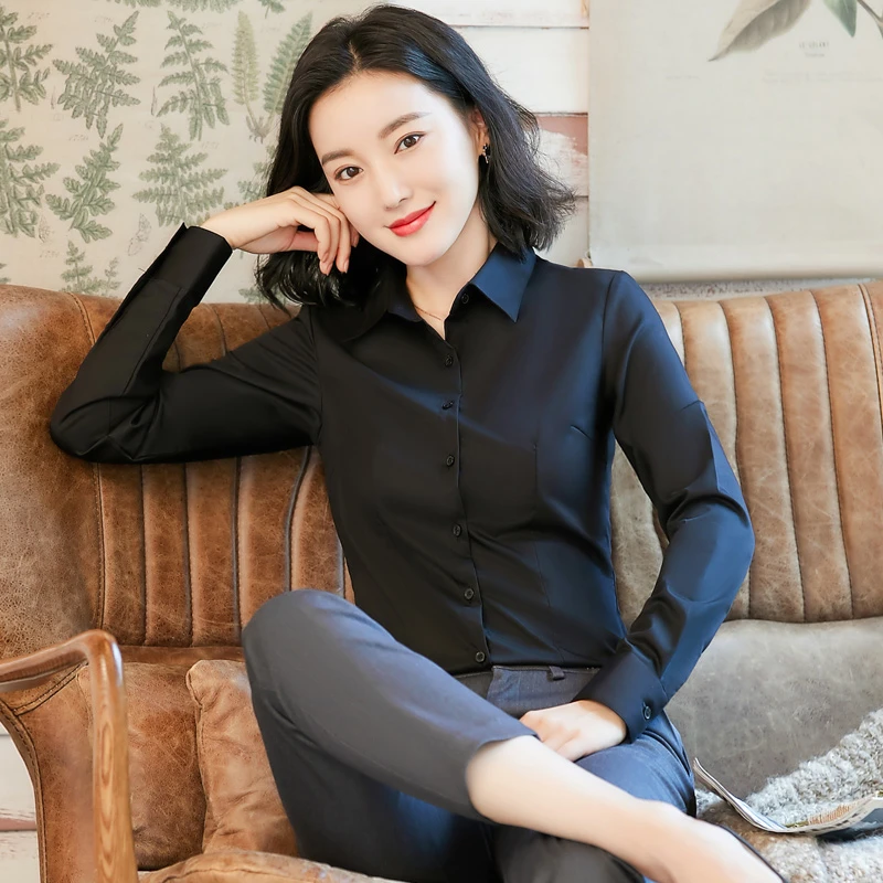(竹纤维面料)方领长袖黑色职业衬衫女装女面试时尚衬衣纯色工作服