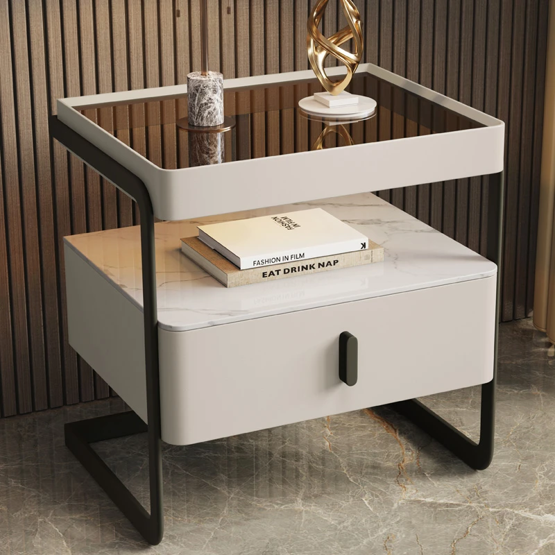 铁艺床头柜实木简约现代设计师款意式卧室个性创意时尚岩板置物架