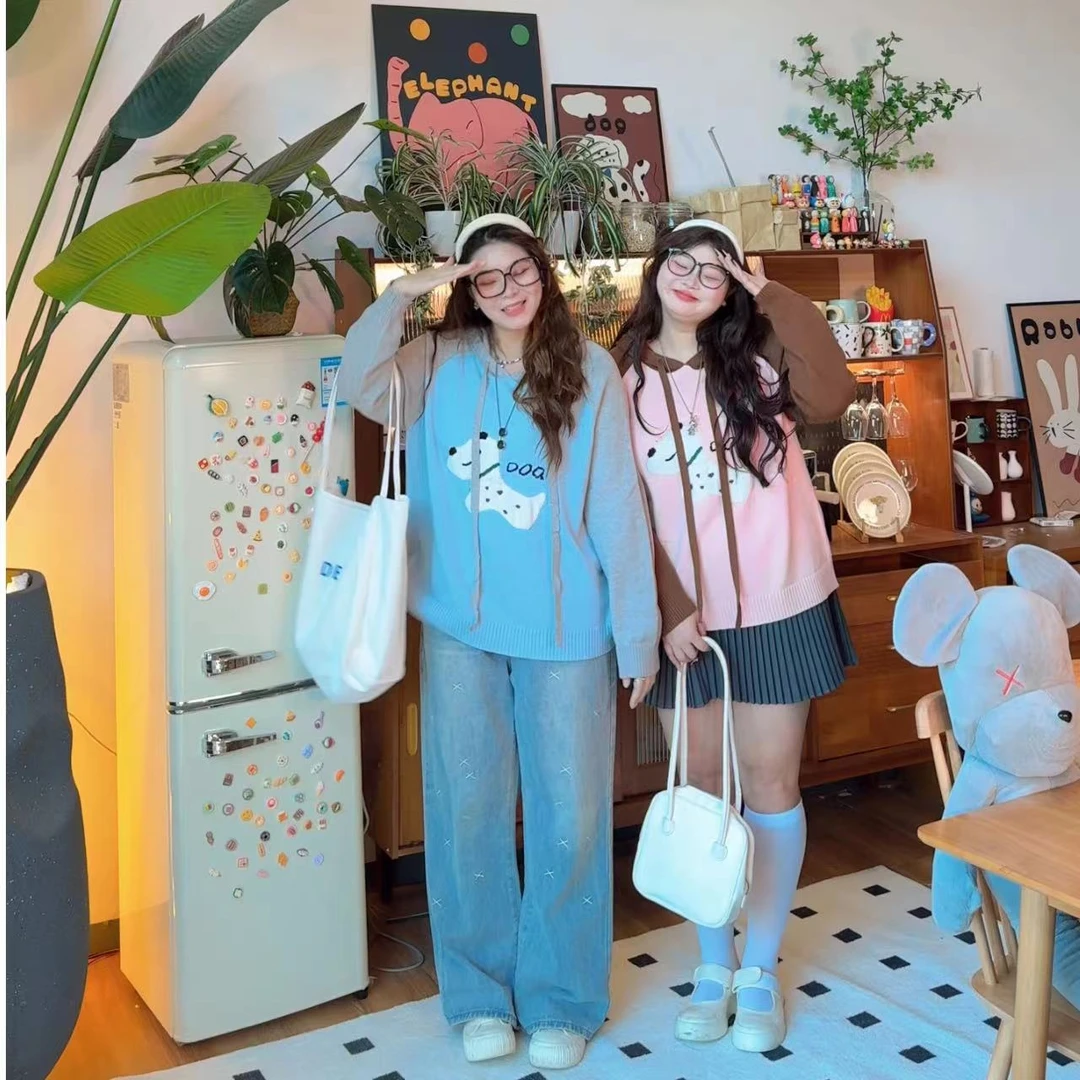 9007大码女装提花小狗撞色连帽毛衣秋季时尚减龄宽松针织衫上衣女