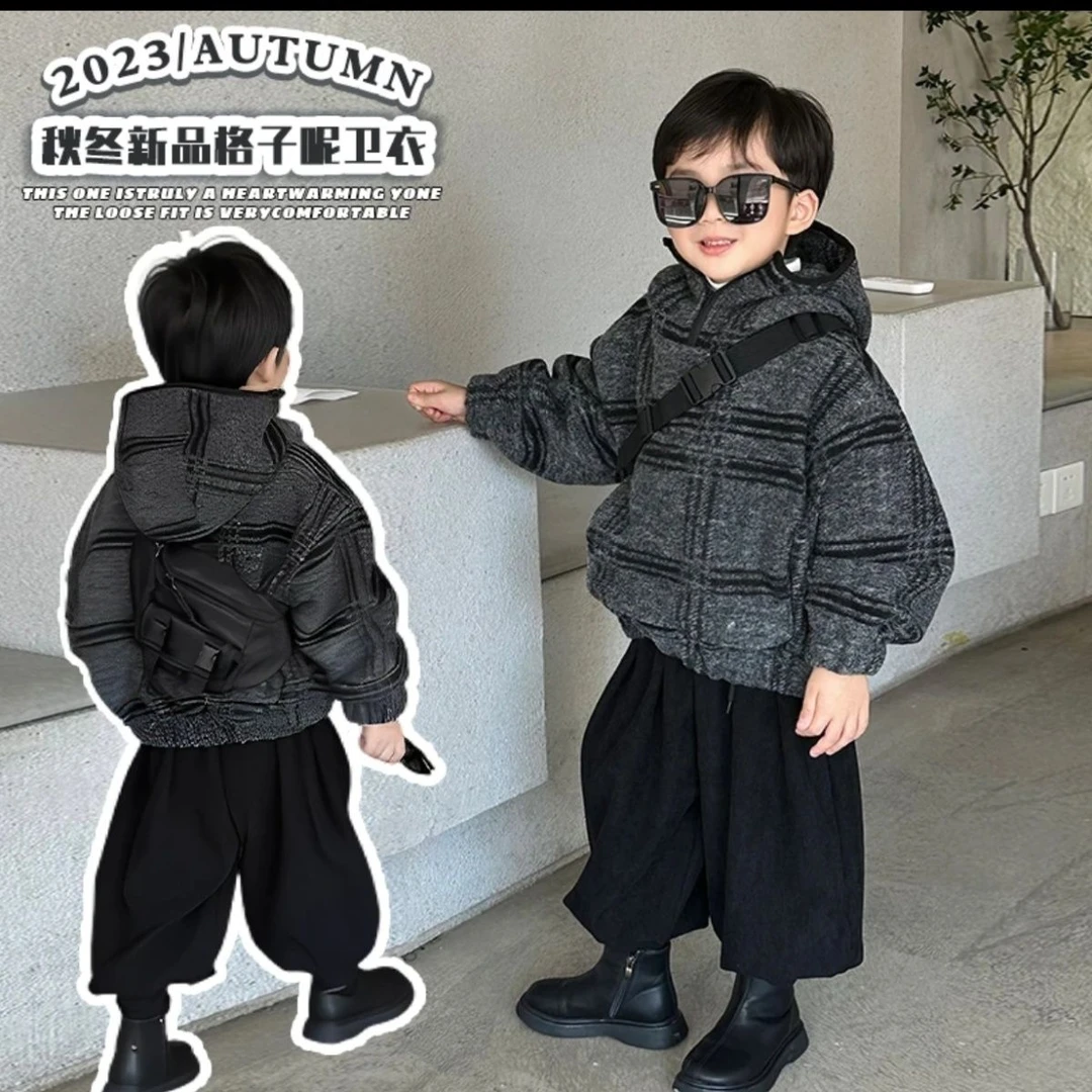 男童冬季美式加绒毛呢格子连帽卫衣女童加厚呢子拉链套头外套儿童