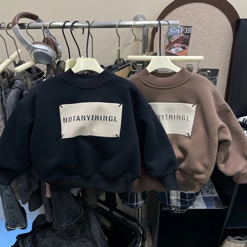 儿童加绒圆领卫衣2023冬季新款男童加厚上衣小童保暖打底衫