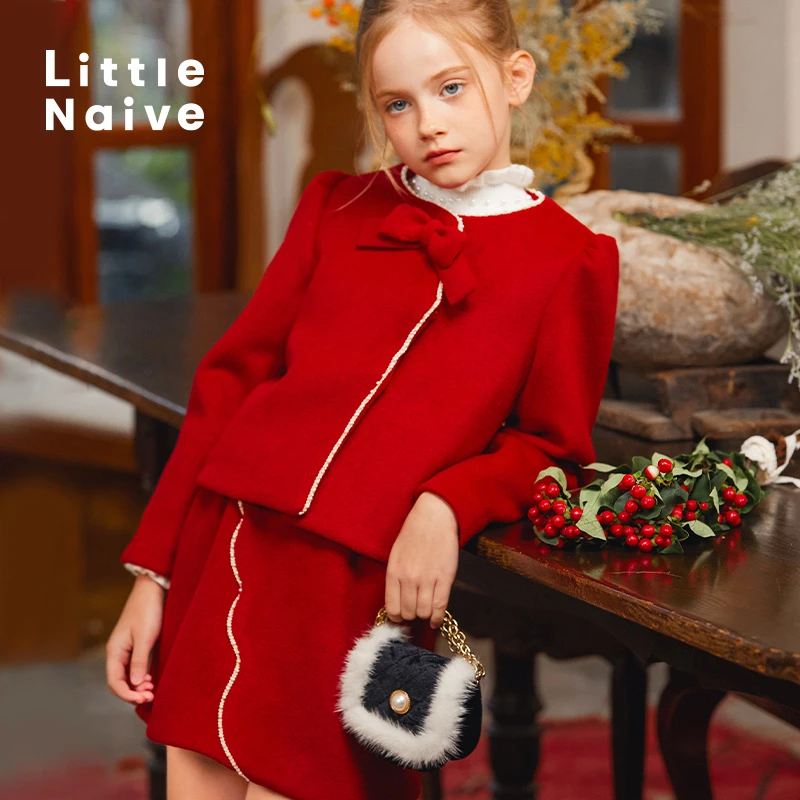 Little Naive儿童圆领毛呢春秋季加棉红色外套女宝宝套装蝴蝶结