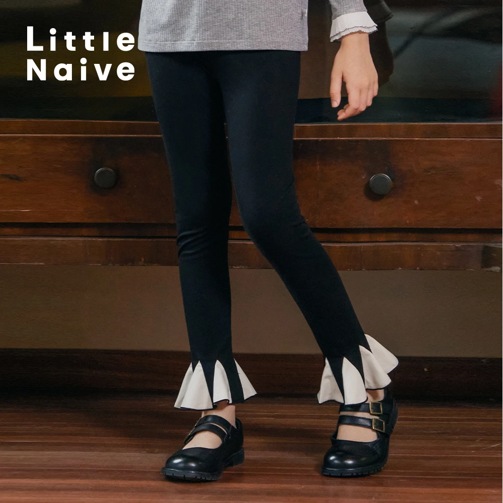 Little Naive春季新款女童休闲裤弹力修身黑色儿童可外穿打底裤