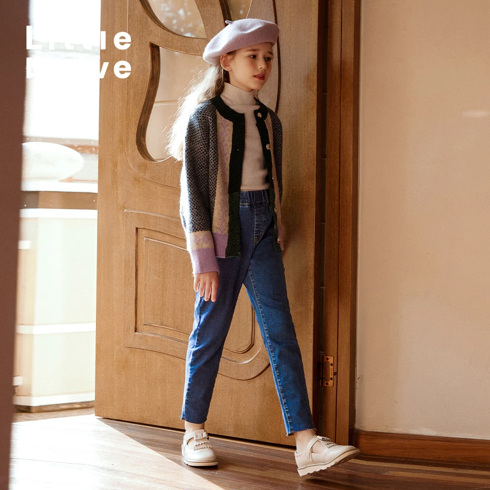 Little Naive儿童春季显瘦休闲裤女童宽松直筒牛仔裤弹力百搭长裤