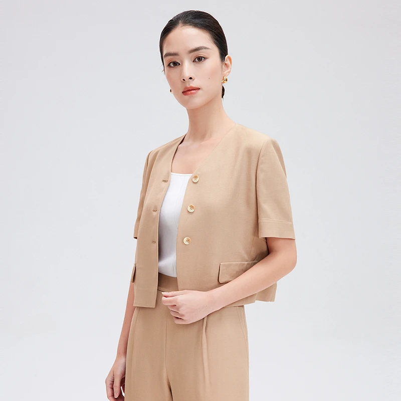 赢智尚夏季新款短款短袖外套女卡其色气质显白显瘦通勤ZB00697