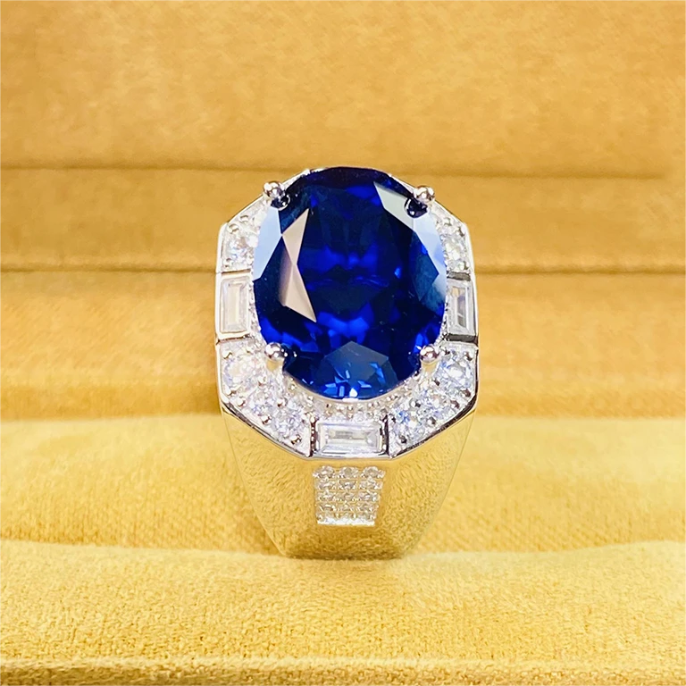 培育蓝宝石蓝宝石S925银镀金戒指霸气奢华高定男戒KSJ817