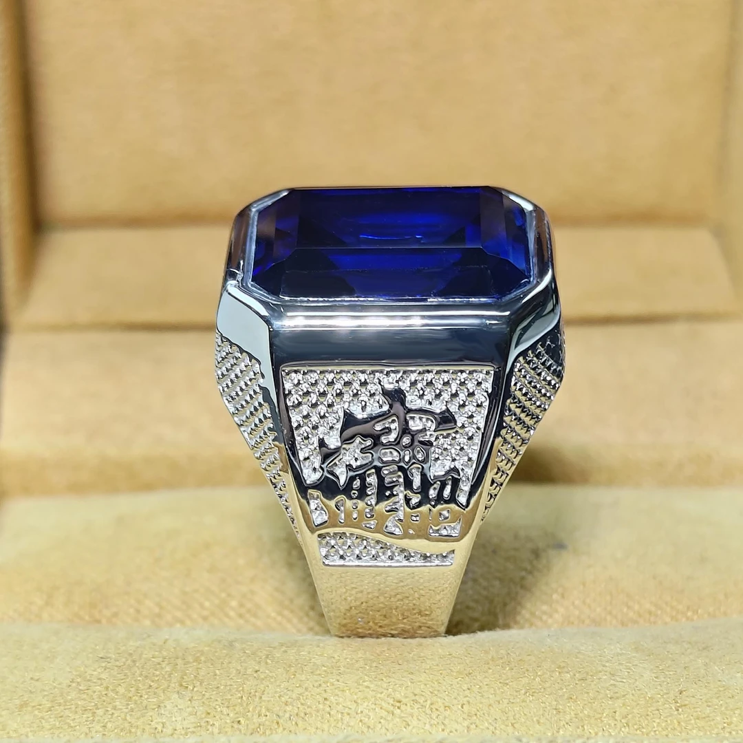 培育蓝宝石皇家蓝S925银镀金复古霸气大气戒指KSJ706