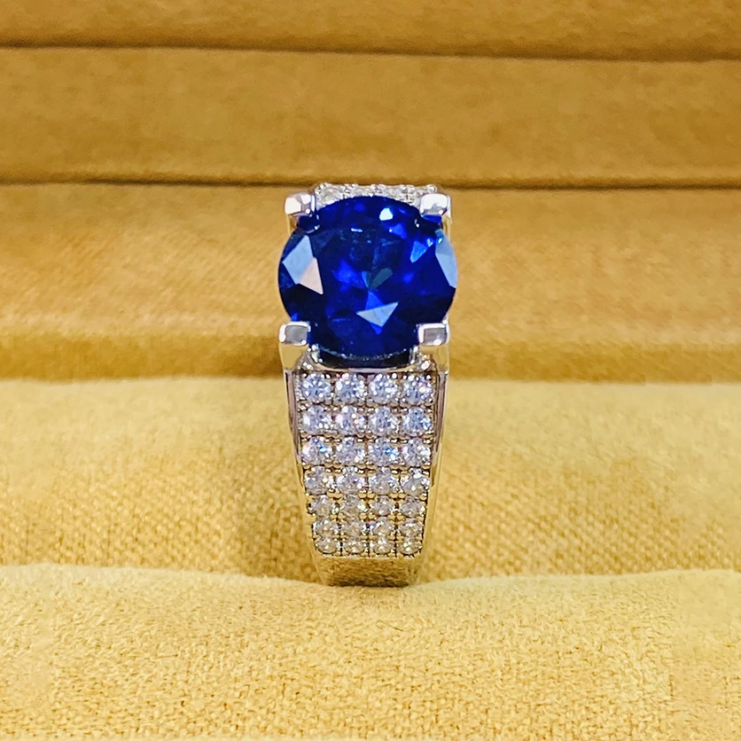 兰卡蓝宝石镶嵌S925银镀金培育戒指满镶高级定制帅气KSJ735