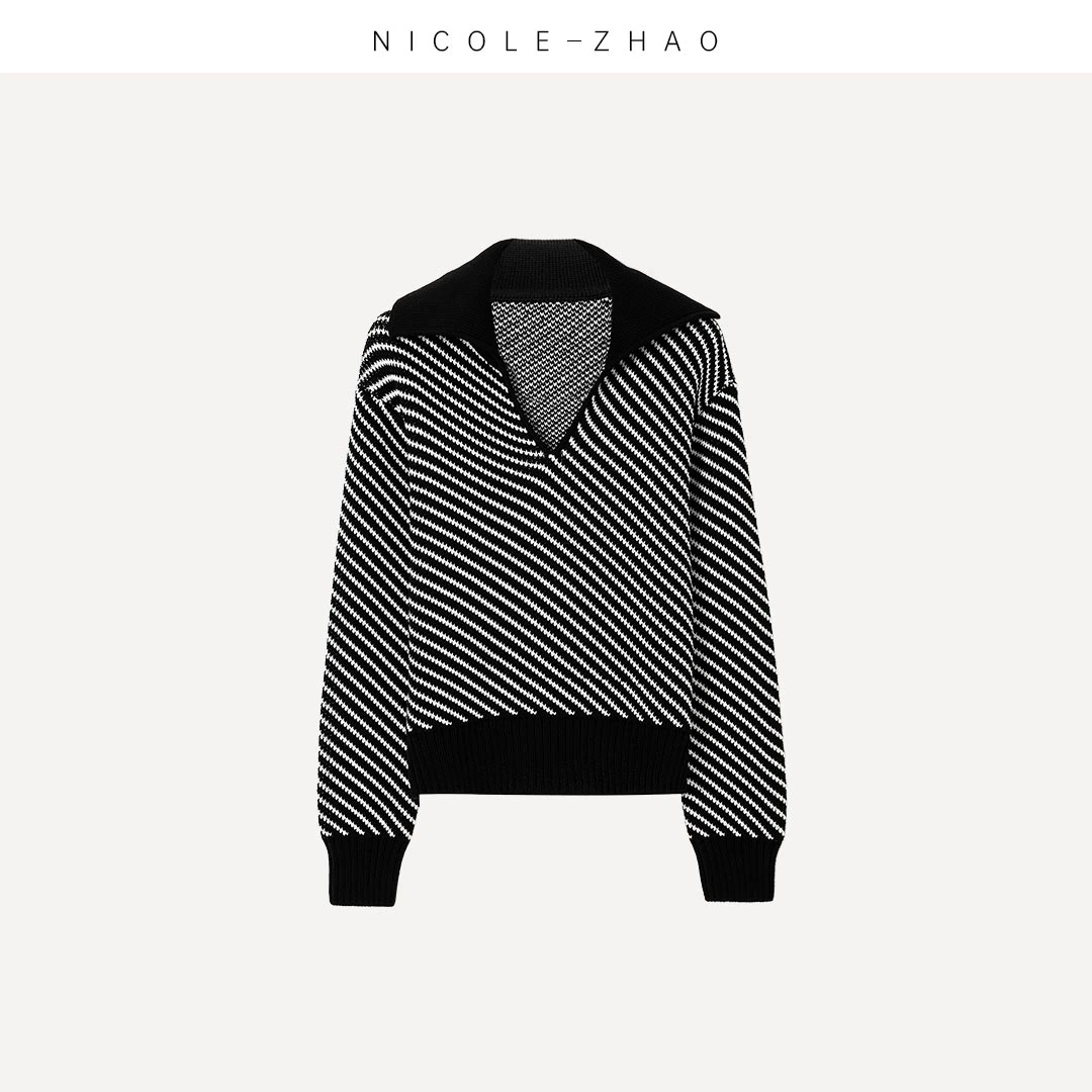 SE2255【贵姐NICOLE】2025休闲百搭黑白条纹T领长袖上衣毛衣