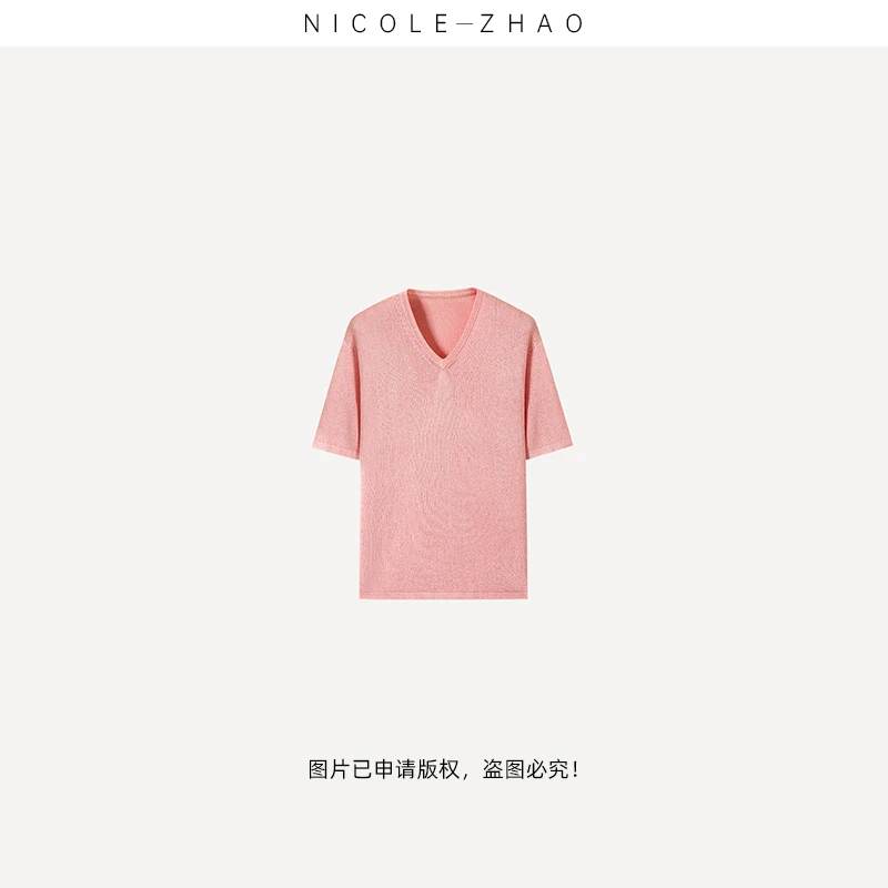 SG2340【贵姐NICOLE】2025新款三色V领桑蚕丝针织衫短袖舒适上衣女