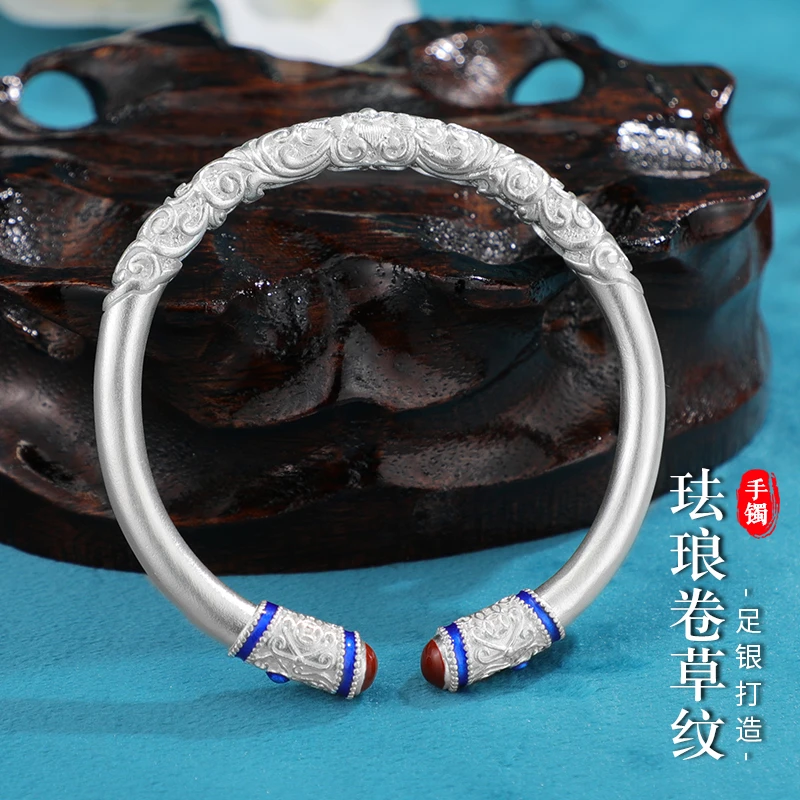 老银匠关东 足银珐琅手镯 卷草纹纯银手镯实心时尚手工百搭