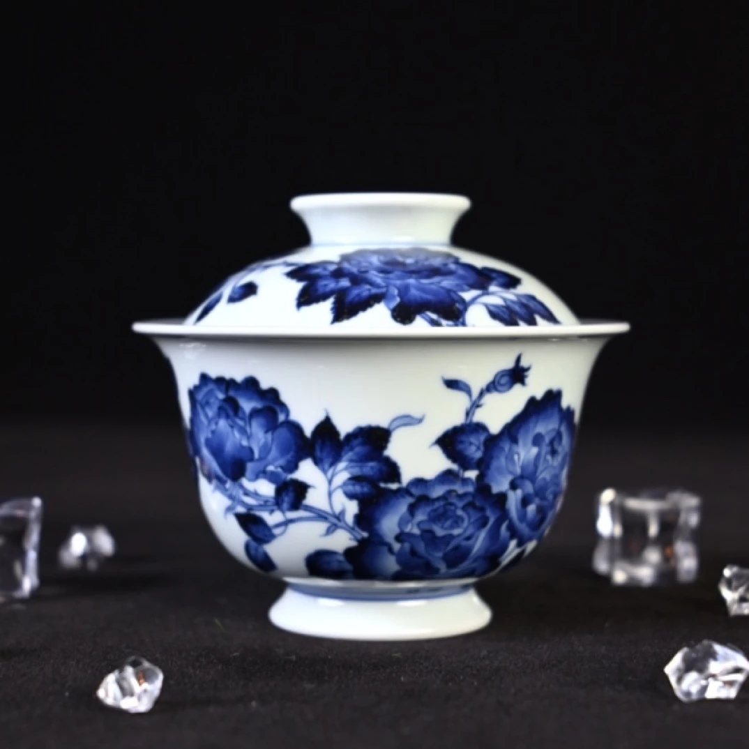 雯华堂 青花手绘折枝玫瑰花盖碗 盖下130cc