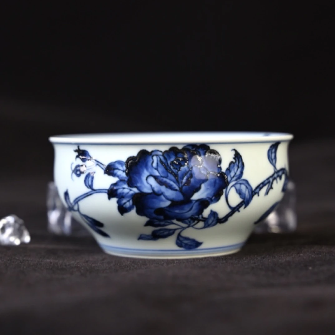 雯华堂 青花手绘折枝玫瑰花灯盏杯 满容约120cc