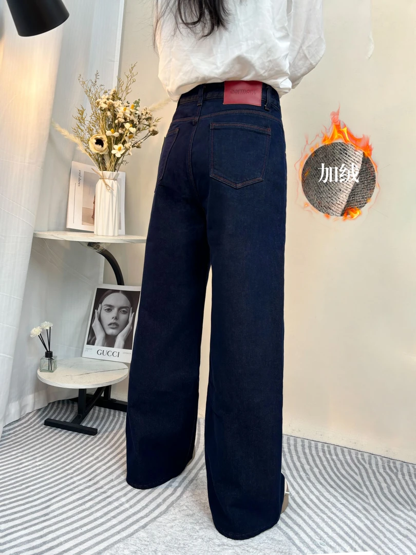 SU【221】83代 愫燕 MWMA加植绒无弹黑金普洗蓝窄版阔腿牛仔裤~