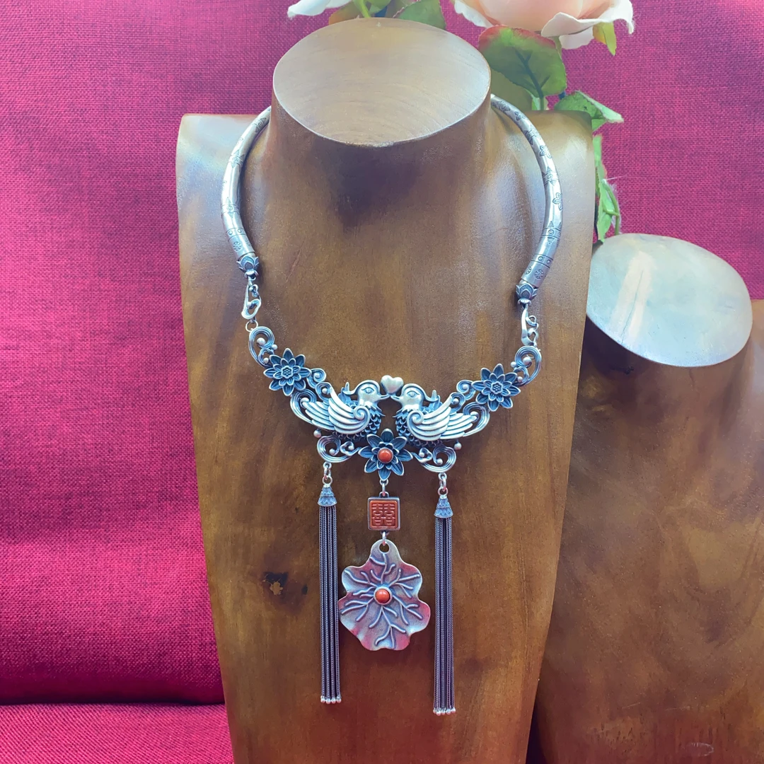 坠链均足银 复古民族风清迈手工重工项链 精美时尚个性夸张设计款