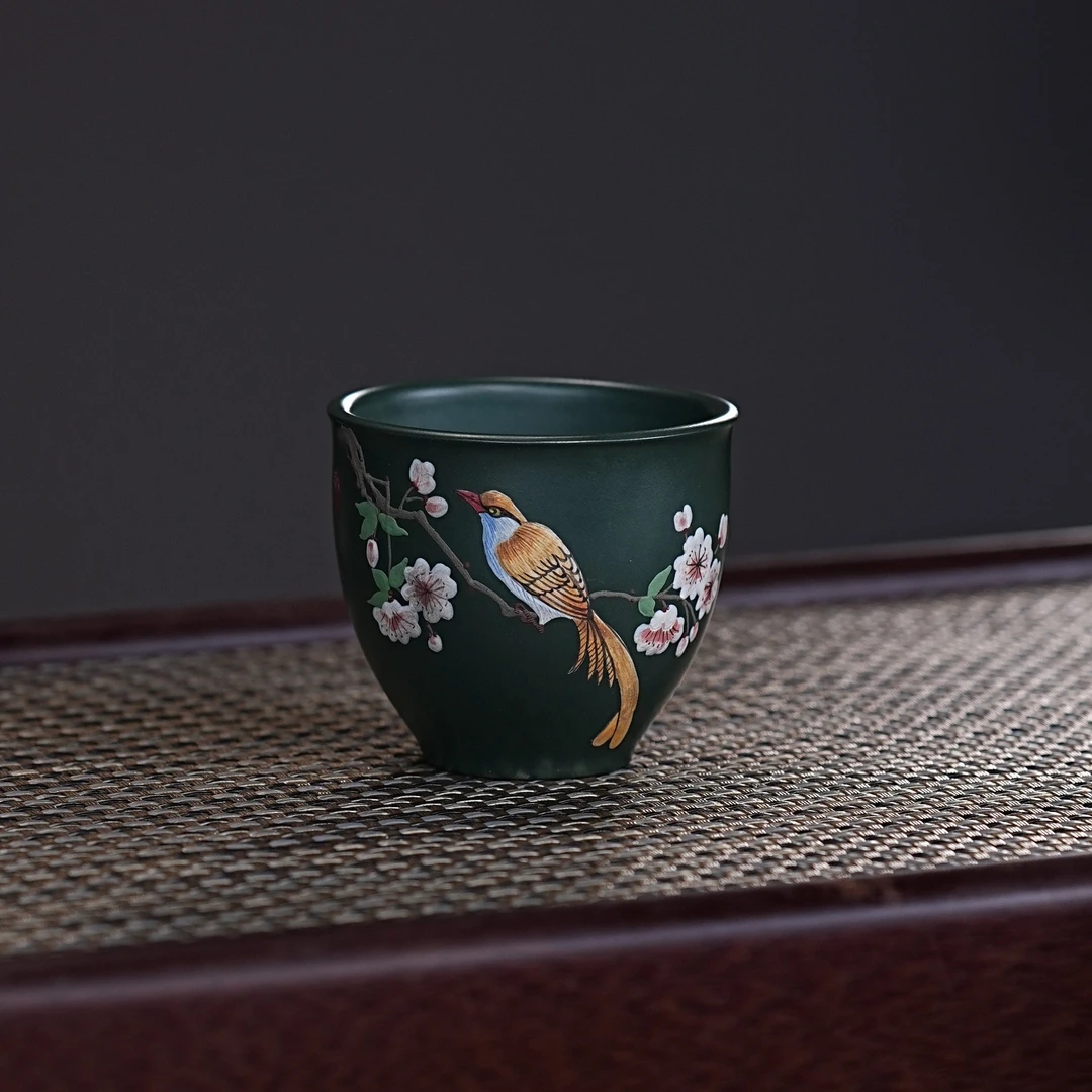 宜兴紫砂茶具 原矿绿泥泥料刻绘喜上眉梢主人杯品茗杯 A1021