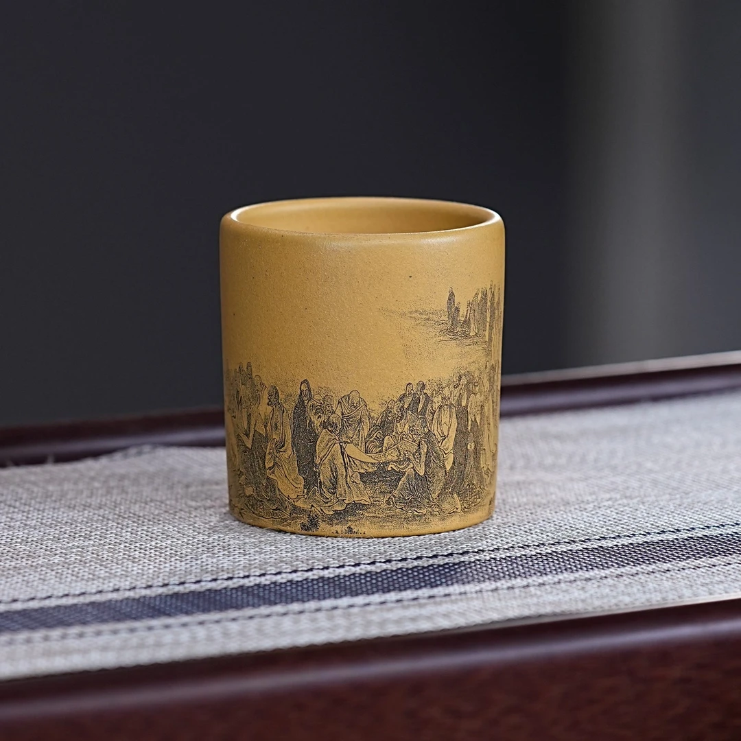 宜兴紫砂茶具 原矿段泥泥料刻绘罗汉图主人杯品茗杯 A776