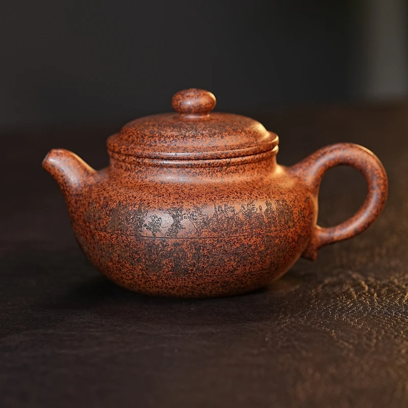 宜兴紫砂茶具  原矿龙骨金砂泥料刻绘一百单八将仿古紫砂茶壶