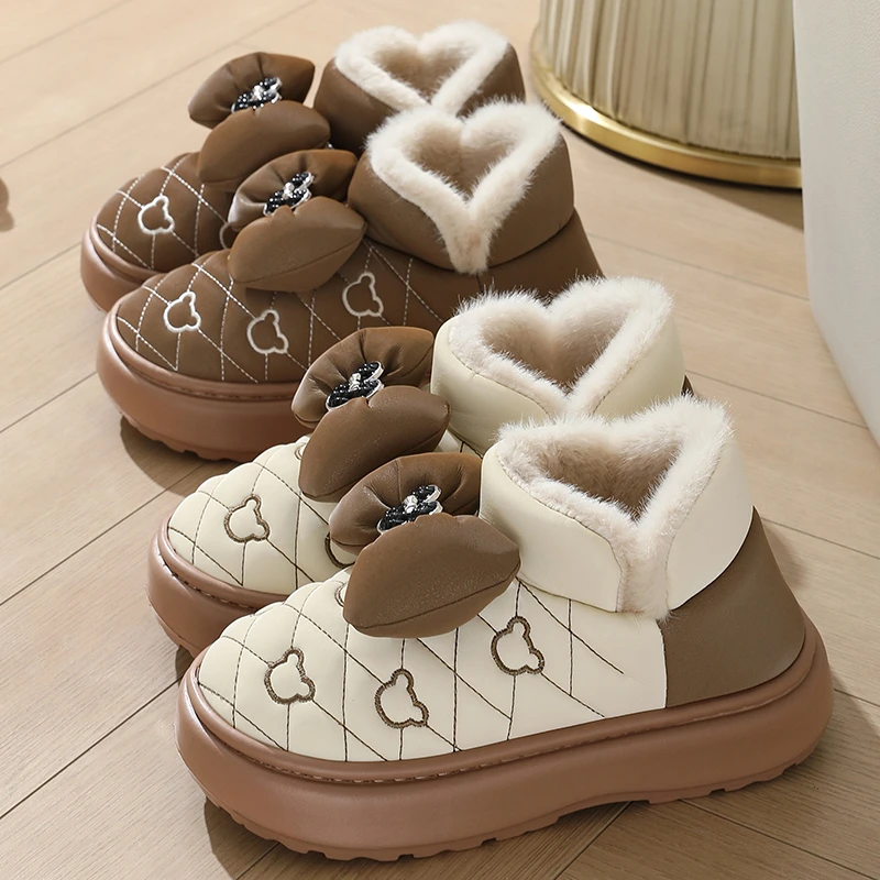 冬季加绒蝴蝶结防水保暖厚底家居防滑外穿棉鞋室内月子家用拖鞋女