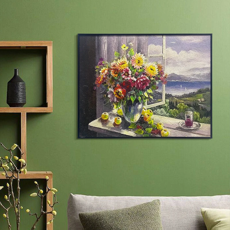 油画砂岩添笔油画走廊过道客厅背景墙画现代简约油画菊花6080