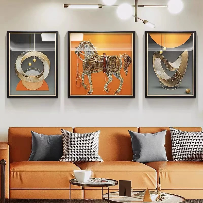 高货马三联.手工实物玄关画装饰画过道客厅沙发实物画马80200